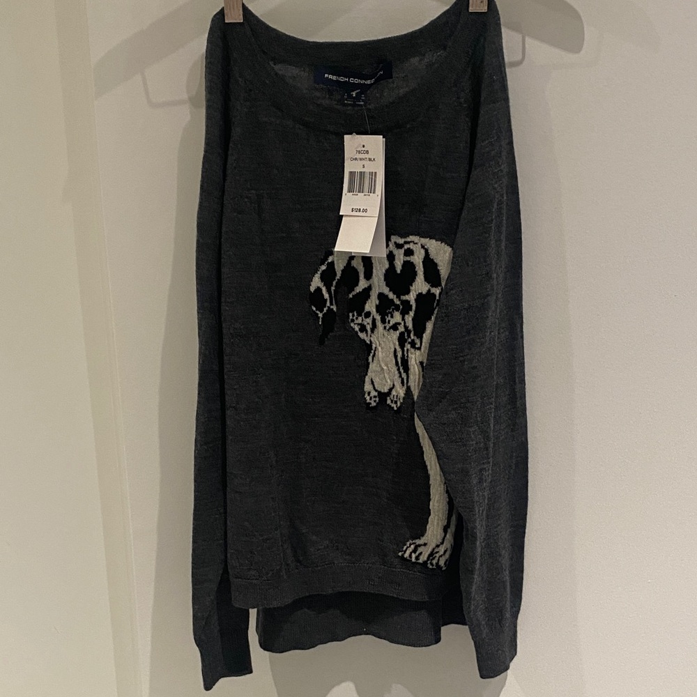 NWT French Connection 100% Wool “Dog” Crewneck Sweater. Size Small.